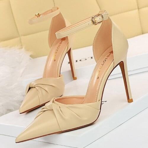 2021 Big Size Women 10cm High Heels Leather Nude Sandals Lady Stripper Strap Thin Heels Sandles Pink Wedding Prom Party Shoes