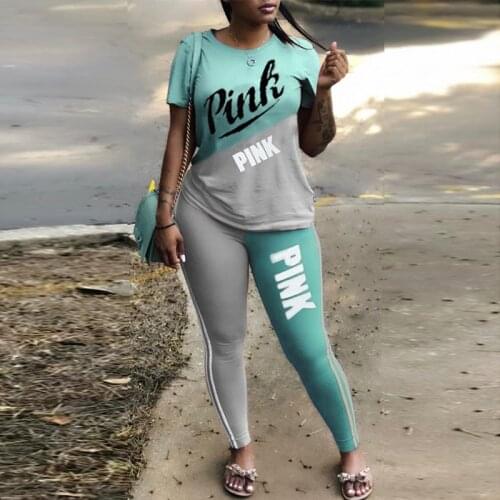 2021 Summer PINK Womens Tracksuit Sportswear Letter Print Patchwork T Shirt Tops Pant Suits Skinny Pencil Trouser Leggings