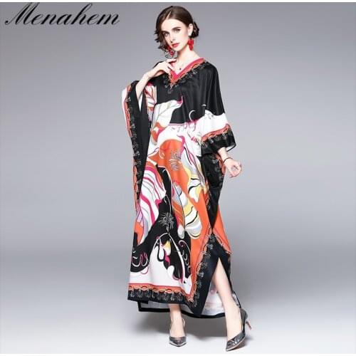 Menahem Bohemian Summer Kafatan Loose Maxi Dress Robe Women V Neck Batwing Sleeve Flower Print Oversized Split Chiffon Vestidos