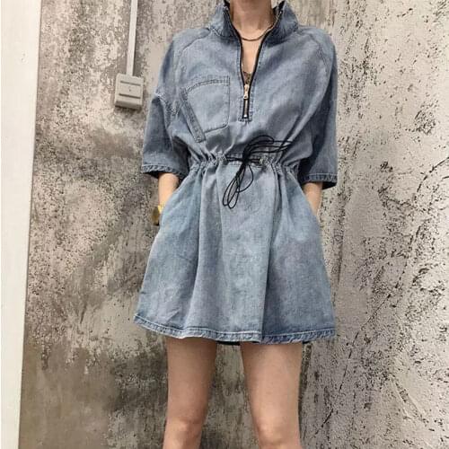 2021 Denim Dress for Women A- Line Waist Fitted Slimming Fashionable Korean Style One-Piece Dress Trendy Summer New