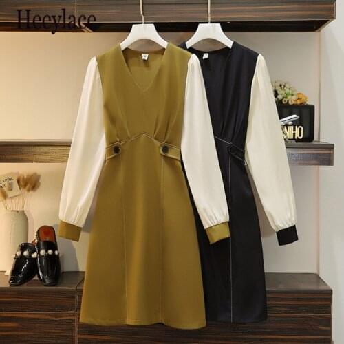 Plus size office ladies long sleeve dresses women o neck high waist elegant vintage patchwork A-line dresses women vestidos 2020