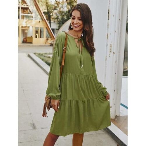 Ladies Long Sleeve Tied Bandage Loose Dress Fashion Spring Autumn V-Neck Pleated Casual Women Dresses WL192