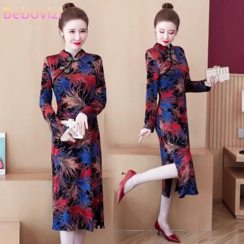 Winter Plus Size M-4XL Modern Fashion Party Cheongsam Dress for Women Long Sleeve Qipao Traditional Chinese Clothes
