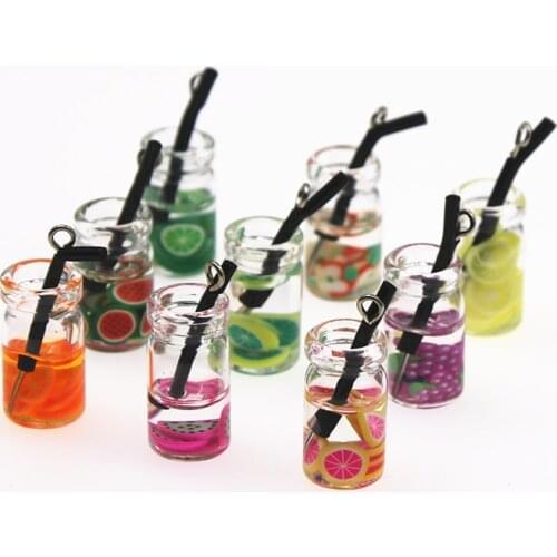 10pcs glass Simulation 3D Fruit Juice straw cup with hook pendant Miniature food Art Supply Decoration Charm Craft