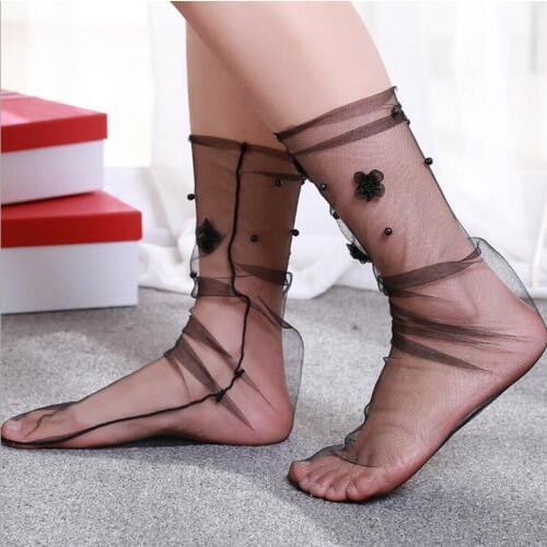 2018 Mesh Women Flowers beaded Socks Silk Female Short Socks Shiny Harajuku Soft Ladies Funny Socks Transparent Elastic Hosiery