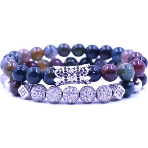 8mm 2PCS/Set bng2 silver elastic adjusted nature agate bead micro pave cz zircon cubic zirconia tube Bracelet Jewelry