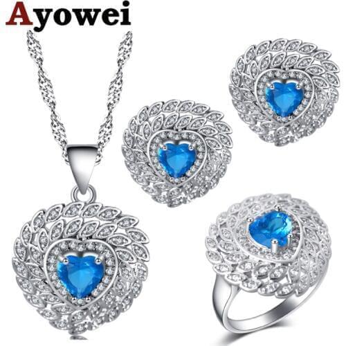 Ayowei Party Heart-shaped for women blue zircon silver Earrings Necklace pendant Rings Sets #6#7#8#9#10 JS732A