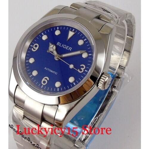 BLIGER Brand Blue Self Widning Men Watch 24 Jewels NH35A Seeing Backcover Screwdown Crown