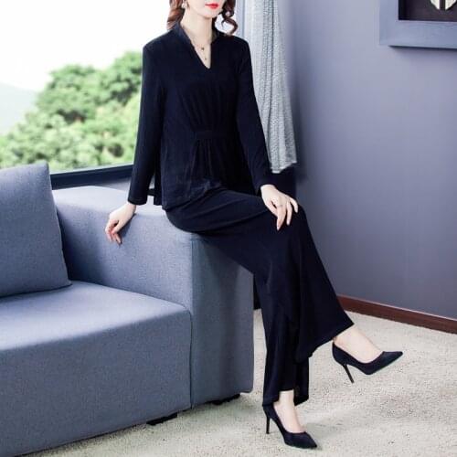 Wide leg pants suit high waist pants + V-neck small shirt two-piece set autumn winter new plus size womens clothing