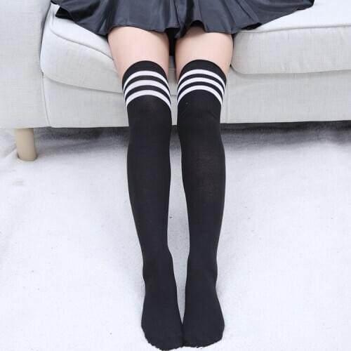 10 Colors Black With Three White Striped Stocking Over The Knee Sailor style Student Girls Lolita Cute Stockings Women Cosplay