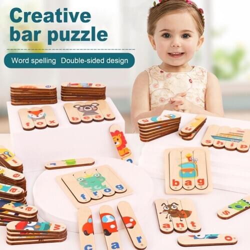 English Word Letter Matching Wooden Long Strip Jigsaw Board Puzzle Toy for Kids
