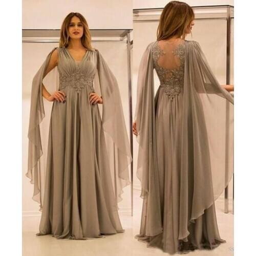 Elegant A-Line V-Neck Long Chiffon Lace Mother of the Bride Dresses with Pockets Floor Length Wedding Party Dress for Women