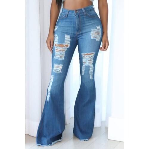 Ripped Bell Bottom Jeans Pants Women High Waist Flared Jeans Hole Denim Lady Grunge Push Up Streetwear Plus Size Free Shipping