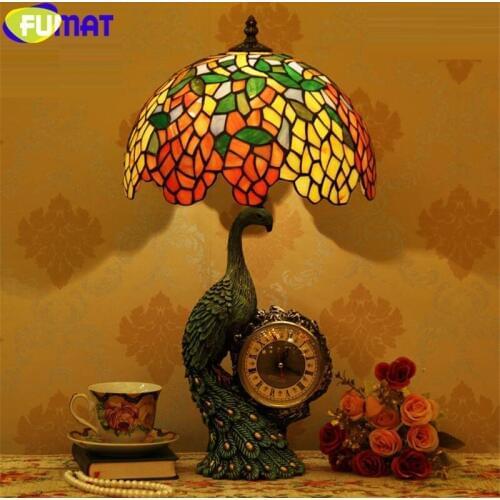 FUMAT Staied Glass Tiffany Table Lamps Parrot Bird Desk Tree Branch Light Jewel Rose Decorated European Colorfully Desk Lighting