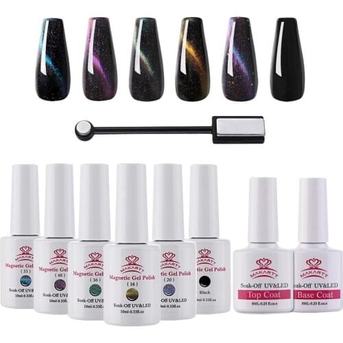 Makartt Cat Eye Gel Nail Polish, 5 Colors Magnetic Nail Polish with Top Base Coat, Black Gel Polish and Magnetic Stick, 10ML