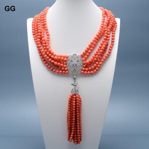 GG Jewelry 6 Rows Round Orange Coral Necklace CZ Pave Bird Connector Coral Pendant Handmade For Women