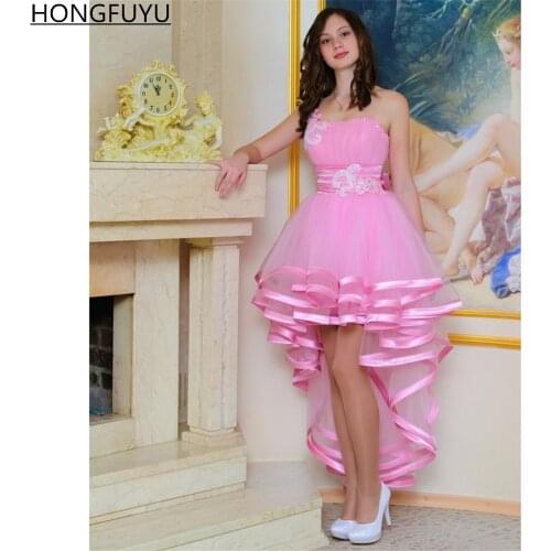 HONGFUYU One Shoulder High Low Homecoming Dresses Tiered Tulle Graduation Cocktail Gowns Bow Pink vestidos Wedding Party Dress