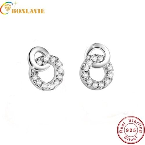 BONLAVIE 925 Sterling Silver Women Ring Inserted peri-drill Ear Studs Fine Jewelry Wedding earings for women Jewelry best gifts