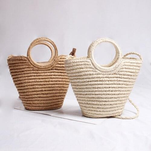 Round straw woven bag retro one-shoulder hand-woven bag, female temperament handbag vacation beach bag