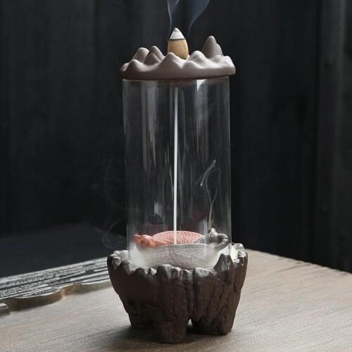 Traditional Backflow Glass Incense Burner Creative Home Decoration Two Cattles Ceramic Aromatherapy Furnace + 10Pcs Cones