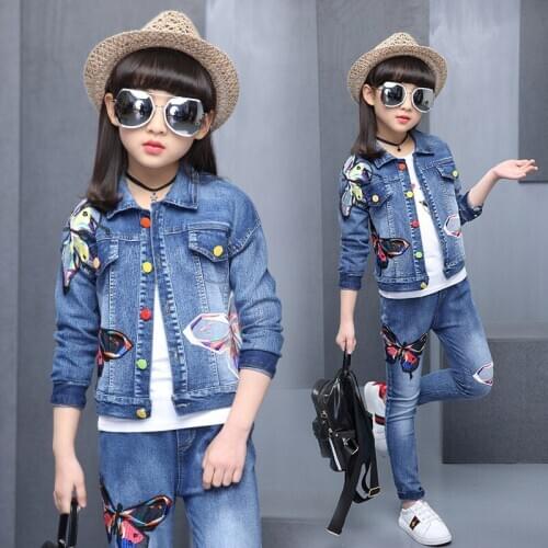 2020 New Girls Clothing Suits Jacket+Jeans 2 Pcs Set for Girls Fashion Butterfly Long Sleeve Coat Denim Childrens Clothing Set