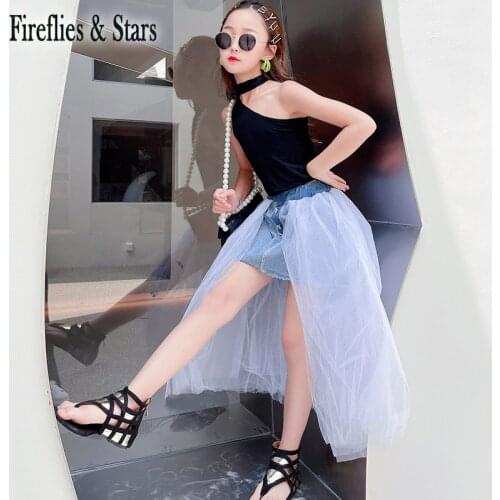 Summer Girls Denim Skirt Teenage Skirt Kids Skirt Children Costumes Baby Streetwear Fashion Layered Mesh Patch 5 To 13 Yrs