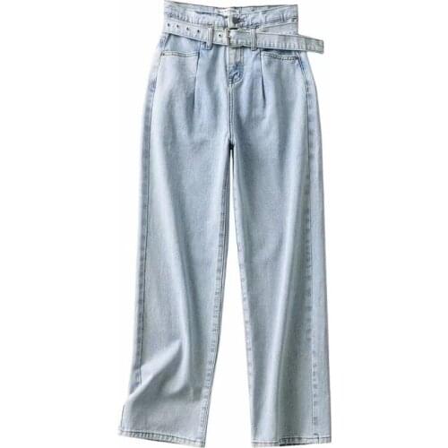 DOUJILI Fashion Women Jeans With Belt Long Loose Long Pants Classic Black Blue High Waist Wide Leg Trousers For Ladies