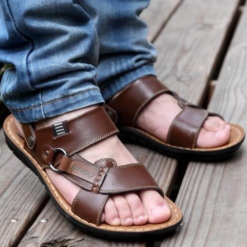 Mens leather beach sandals summer sandals version of men breathable leather sandals casual slippers non-slip soft bottom