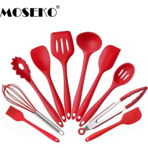 MOSEKO 10PCS Cooking Tools Set Premium Silicone Kitchen Cooking Utensils Set With Storage Box Turner Tongs Spatula Soup Spoon