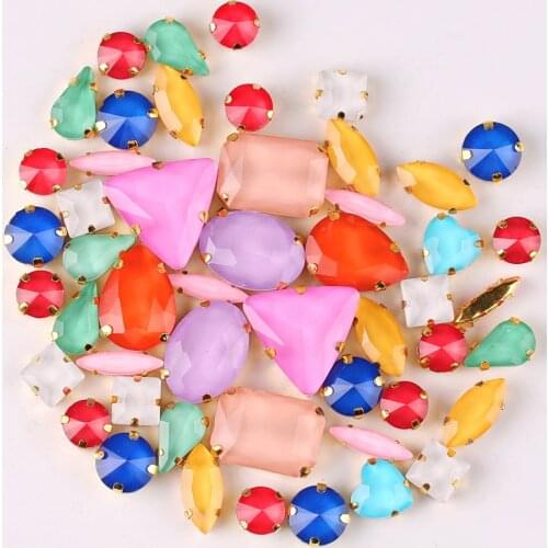 Gold claw settings 50pcs/bag shapes mix jelly candy colors glass crystal sew on rhinestone wedding dress shoes bags diy