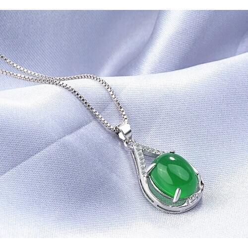 Natural Green Jade Chalcedony Round Pendant 925 Silver Necklace Chinese Carved Charm Jewelry Fashion Amulet Gifts for Women