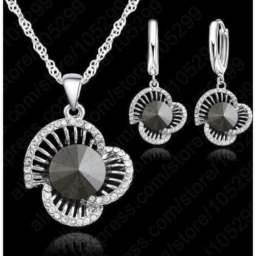 Newest Austrian Crystal Necklace Earring Sets Woman Bridal Wedding Engagment 925 Sterling Silver Jewelry 4 Colors