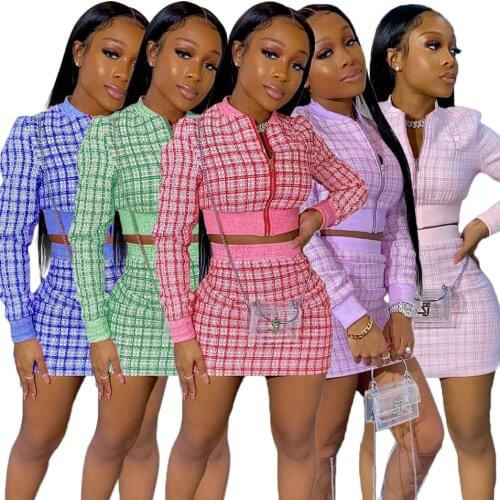 Echoine Plaid Two Piece Set Sexy Long Sleeve Zipper Jackets Crop Top + Package Hip Skirt Office Lady Business party Outfits