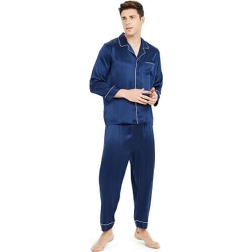 New silk pajamas for men 100% silk long-sleeved Sleepwear spring summer long Full sleeve two-piece Blue Solid L XL XXL