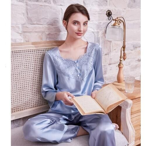 Women 100% Silk Pajamas for Mulberry Silk Sleepwear Pyjamas Female Summer Spring Autumn Sexy Lace Two-piece Suit Pijama Set