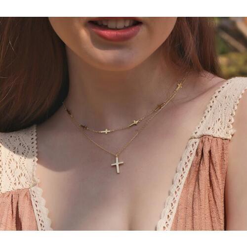 100% Authentic 925 Sterling silver Gold Cross Pendant Layers Necklace Fine jEWELRY TLX61