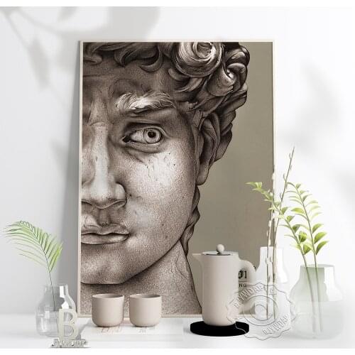 Half A Angry Face Portrait Prints Poster, Michelangelo David Solid Sculpture Canvas Painting, Italy Renaissance David Wall Decor