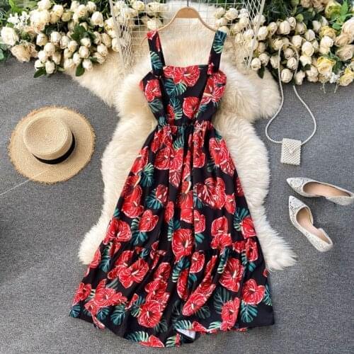 Menahem Tropical Leaves Red Floral Printed Holiday Dress Womens Strapghetti Strap Slash Neck High Waist Elegant Midi Dress