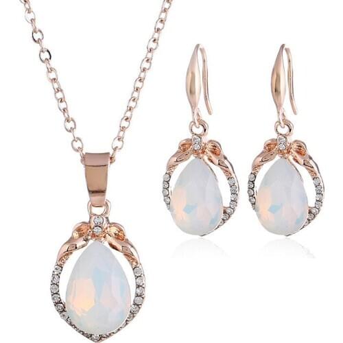 Luxury Female White Moonstone Jewelry Set Charm Rose Gold Color Dangle Earrings For Women Cute Crystal Wedding Chain Necklace