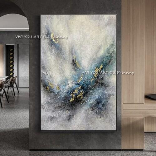 Handmade Oil painting Abstract Gold Foil dark color blue Simple Pretty Canvas Oil Painting Wall Art Picture For Home Decor