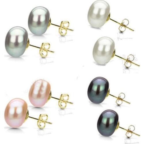 Natural freshwater cultured pearl Black White Pink Gray 4 PCS 7-8 mm 925 sterling silver Stud earrings