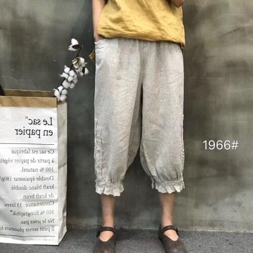 QPFJQD Ladies Summer Autumn Loose Linen Lace Harem Pants Patchwork Solid Color Women 2021 Retro Flax Harem Trousers Girls