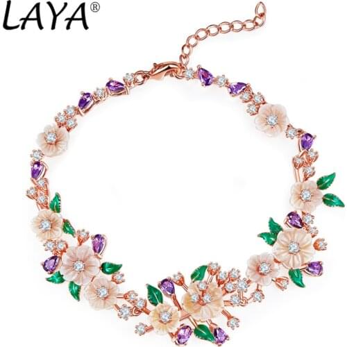 LAYA 925 Sterling Silver Fashion Natural Shell Flower Green Leaf Enamel High Quality Zircon Bracelet For Girls Wedding Jewelry