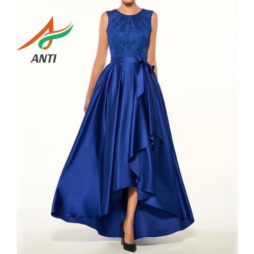 ANTI Elegant Woman Satin Royal Blue Long Evening Dress O-Neck Sleeveless A-Line Formal Gowns With abendkleider 2019