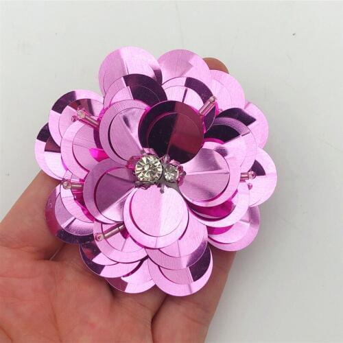 15pcs 7-7.5cm Pink purple handmade flower Rhinestones sequins bag appliques patches for diy garment
