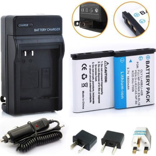 HIBTY 2pcs Li-40B LI-42B LI40B LI42B Li-ion Batteries for Olympus+Car Charger + Plug Adapter For Nikon Pentax D-Li63/Fuji NP-45