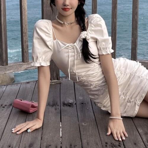 2021Fashion Elegant Puff sleeve v-neck White Female Mini Dress Summer Party Birthday Festival Cute Sexy French FoldsDress Women