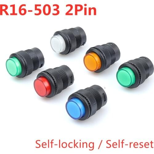 5Pcs R16-503 Key Button Switch Jog Reset Self-locking Switch Round 2 Pin 16MM without Light