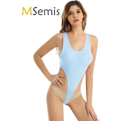 Bodycon Bodysuit for Sexy Womens Lingerie Scoop Neck Sleeveless Rhinestone Bodysuit High Cut Leotard Jumpsuit One Piece Swimsuit