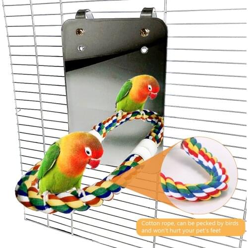 Bird Large Mirror Rope Perch Cage Toy for Parrot Parakeet Macaws Finches Small Parakeet Rope Stand Birdcage Toys